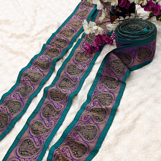 Indian Vintage Sari Border Purple Woven Banarasi Brocade Trim Craft Sewing Recycled Golden Zari Pure Silk Home Decor Crafting