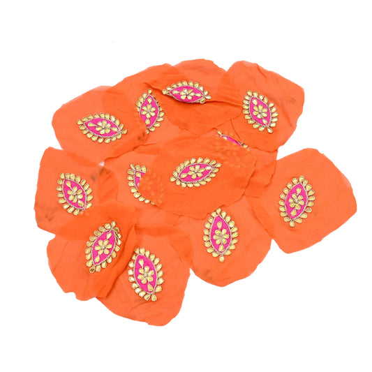 Indian Vintage Orange Pure Georgette Silk Appliques  Set of 6 | Hand-Embroidered Floral Patches with Zardozi, Dabka, for Craft, Journals