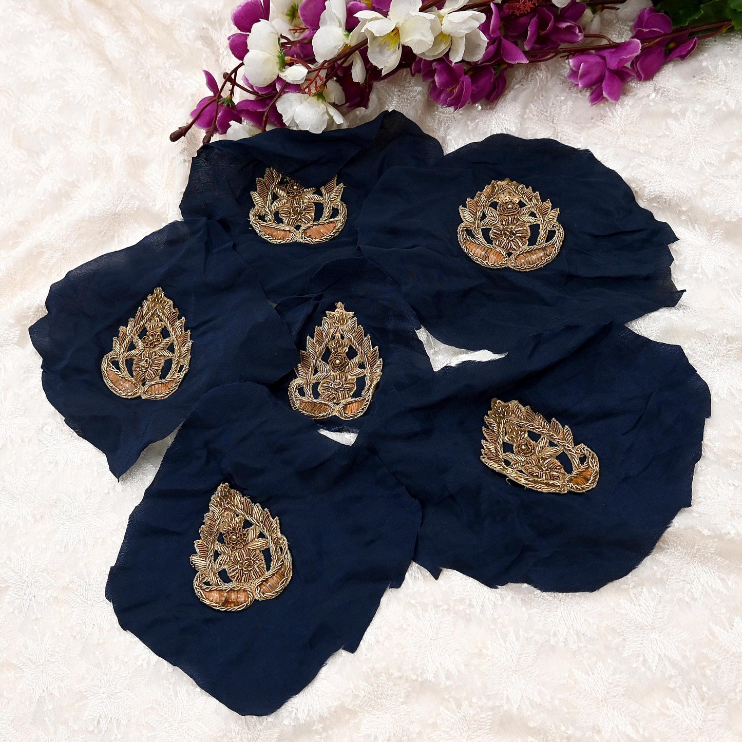 Indian Vintage Blue Pure Crepe Silk Appliques  Set of 6 | Hand-Embroidered Floral Patches with Zardozi, Dabka, Zari,for Craft, Journals