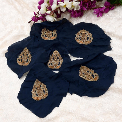 Indian Vintage Blue Pure Crepe Silk Appliques  Set of 6 | Hand-Embroidered Floral Patches with Zardozi, Dabka, Zari,for Craft, Journals