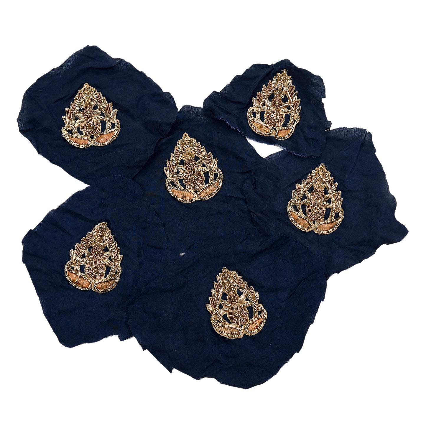Indian Vintage Blue Pure Crepe Silk Appliques  Set of 6 | Hand-Embroidered Floral Patches with Zardozi, Dabka, Zari,for Craft, Journals