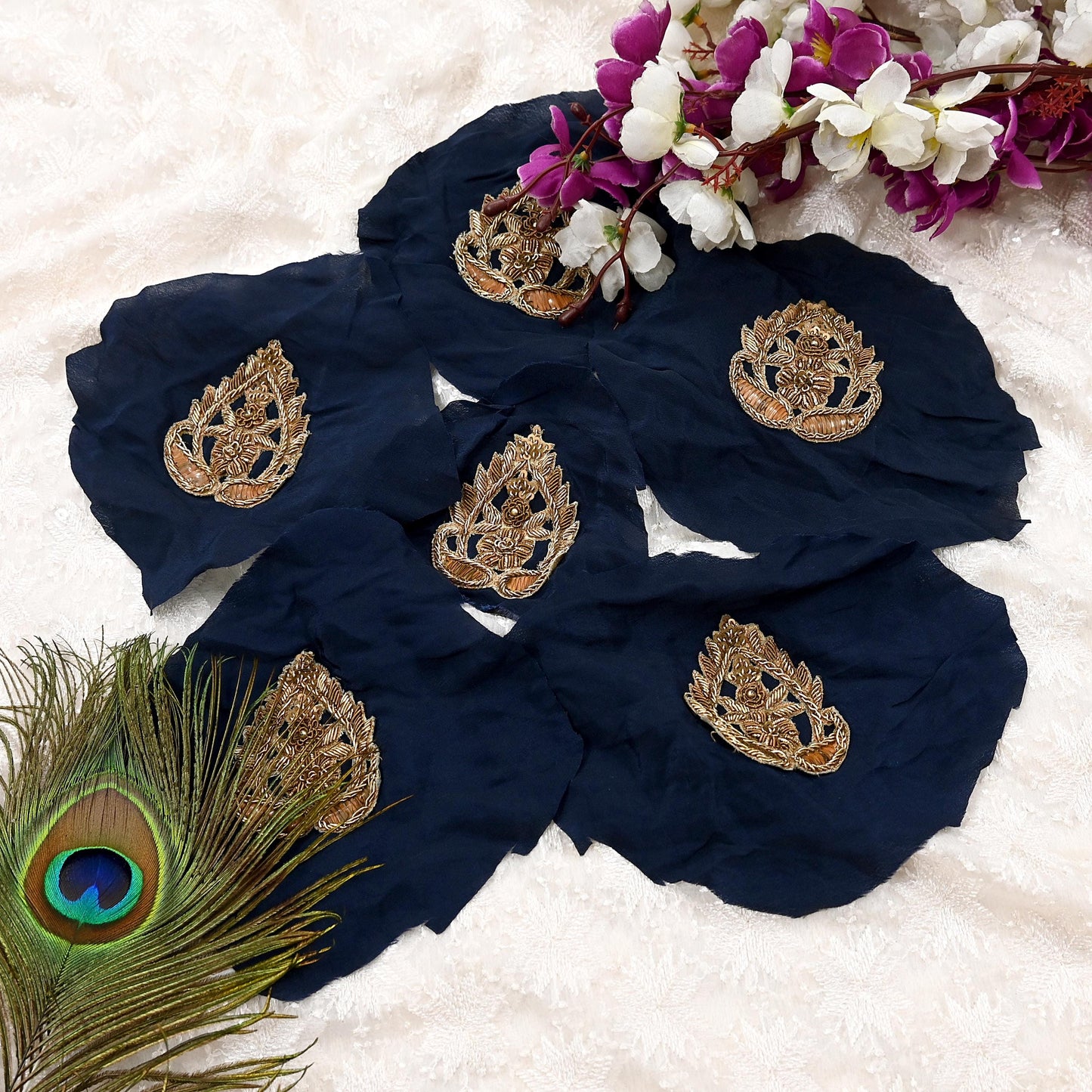 Indian Vintage Blue Pure Crepe Silk Appliques  Set of 6 | Hand-Embroidered Floral Patches with Zardozi, Dabka, Zari,for Craft, Journals