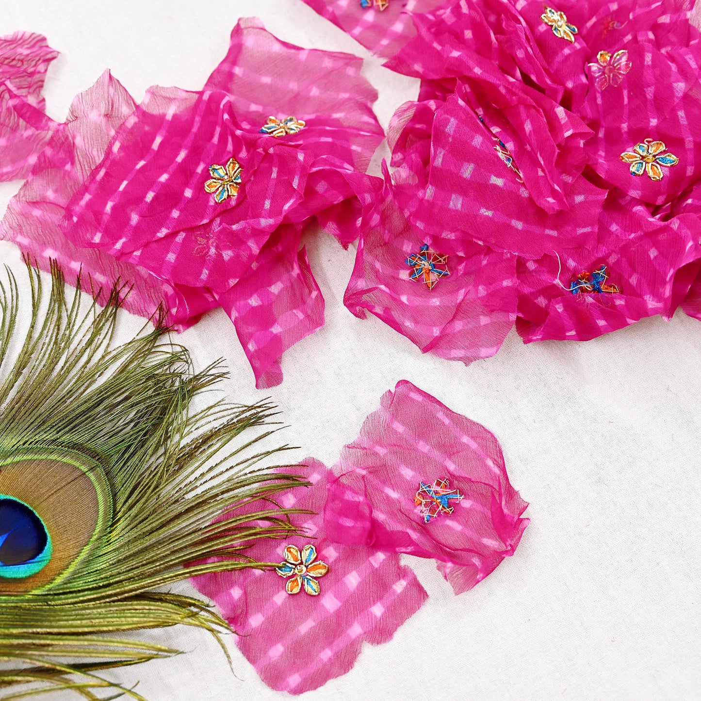 Indian Vintage Magenta Pure Chiffon Silk Appliques  Set of 35 | Hand-Embroidered bandhani Floral Patches Zardozi, for Craft, Journals