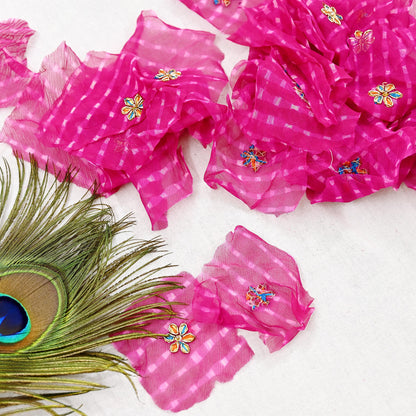 Indian Vintage Magenta Pure Chiffon Silk Appliques  Set of 35 | Hand-Embroidered bandhani Floral Patches Zardozi, for Craft, Journals