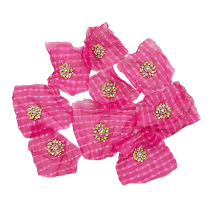 Indian Vintage Magenta Pure Chiffon Silk Appliques  Set of 8 | Hand-Embroidered bandhani Floral Patches Zardozi, for Craft, Journals