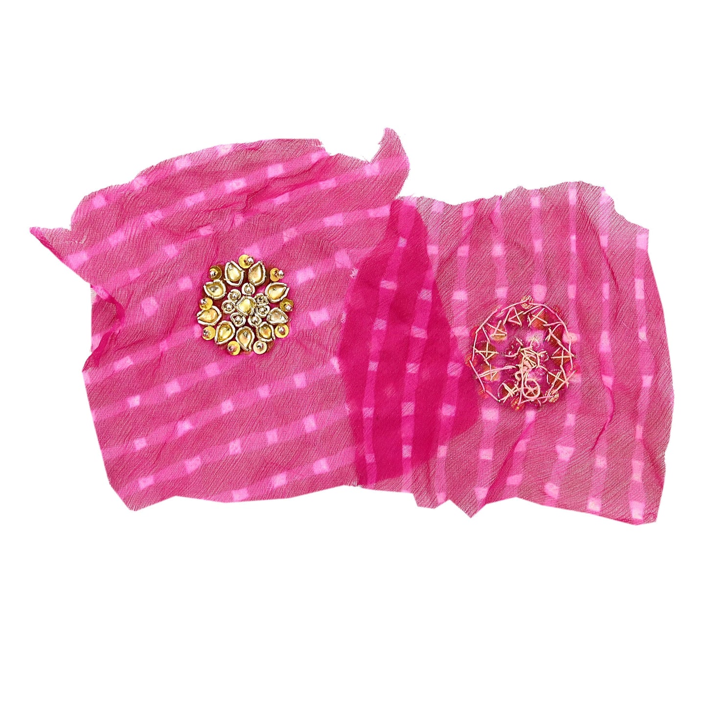 Indian Vintage Magenta Pure Chiffon Silk Appliques  Set of 8 | Hand-Embroidered bandhani Floral Patches Zardozi, for Craft, Journals