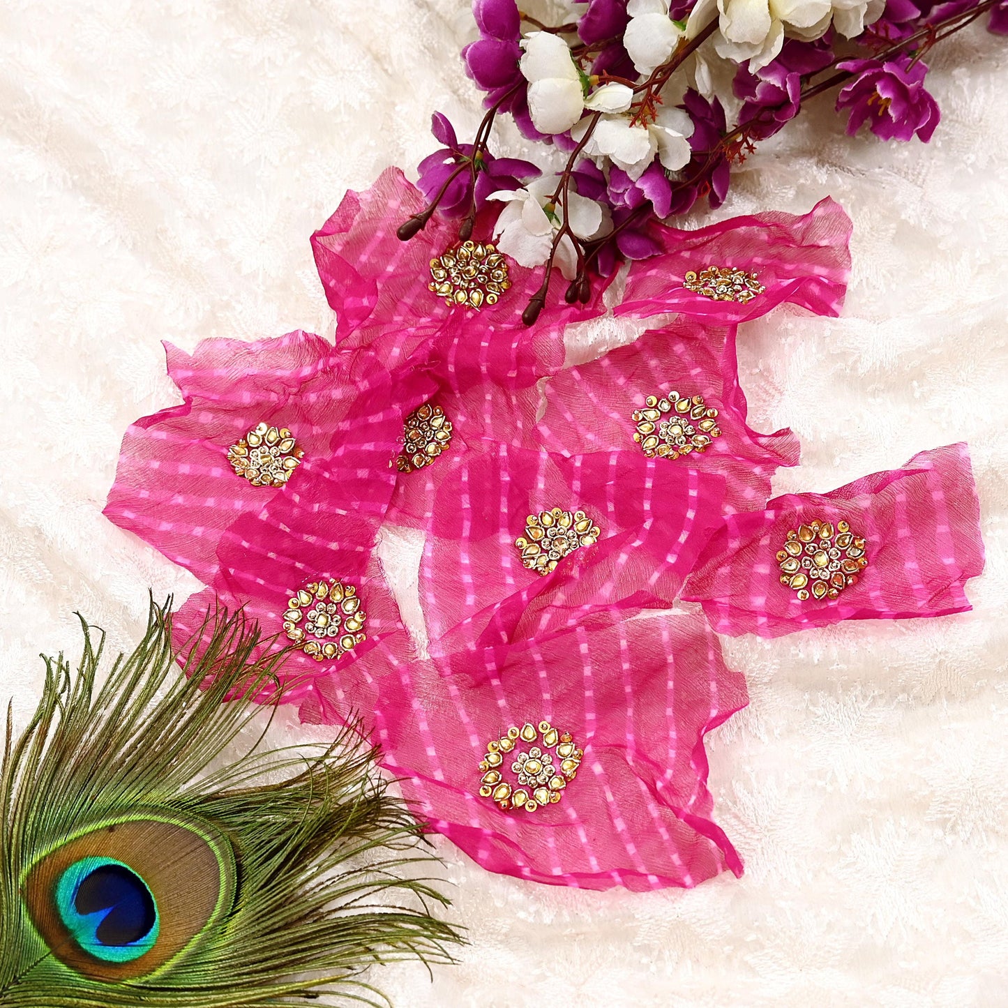 Indian Vintage Magenta Pure Chiffon Silk Appliques  Set of 8 | Hand-Embroidered bandhani Floral Patches Zardozi, for Craft, Journals