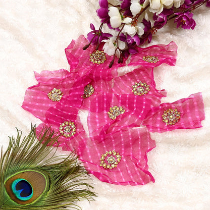 Indian Vintage Magenta Pure Chiffon Silk Appliques  Set of 8 | Hand-Embroidered bandhani Floral Patches Zardozi, for Craft, Journals