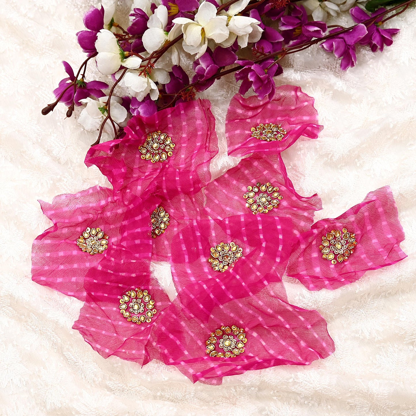 Indian Vintage Magenta Pure Chiffon Silk Appliques  Set of 8 | Hand-Embroidered bandhani Floral Patches Zardozi, for Craft, Journals