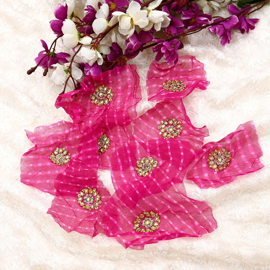 Indian Vintage Magenta Pure Chiffon Silk Appliques  Set of 8 | Hand-Embroidered bandhani Floral Patches Zardozi, for Craft, Journals