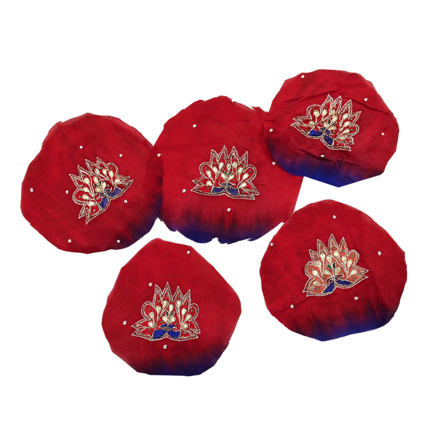 Indian Vintage Blue Pure Crepe silk Rare Appliques- set of 5 Hand Embroidered VERY OLD ANTIQUE Snippets Remnants Craft Journals peacock