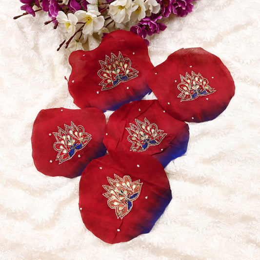 Indian Vintage Blue Pure Crepe silk Rare Appliques- set of 5 Hand Embroidered VERY OLD ANTIQUE Snippets Remnants Craft Journals peacock