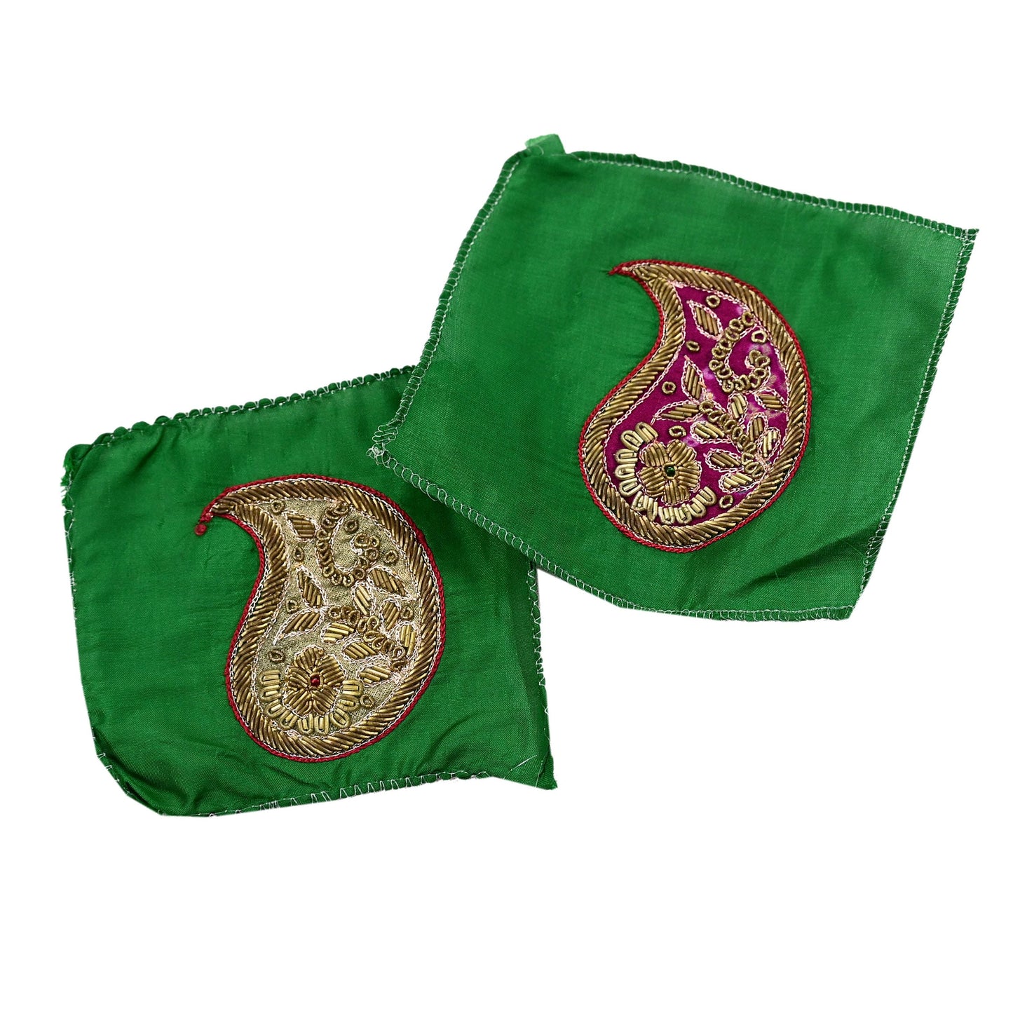 Vintage 5 Pcs Appliques Green Pure Silk Applique VERY OLD ANTIQUE Vintage Hand Embroidered Snippets Remnants Craft Journals India Rare