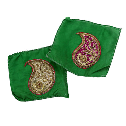Vintage 5 Pcs Appliques Green Pure Silk Applique VERY OLD ANTIQUE Vintage Hand Embroidered Snippets Remnants Craft Journals India Rare
