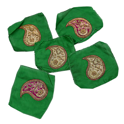Vintage 5 Pcs Appliques Green Pure Silk Applique VERY OLD ANTIQUE Vintage Hand Embroidered Snippets Remnants Craft Journals India Rare