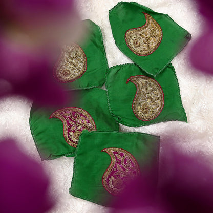 Vintage 5 Pcs Appliques Green Pure Silk Applique VERY OLD ANTIQUE Vintage Hand Embroidered Snippets Remnants Craft Journals India Rare