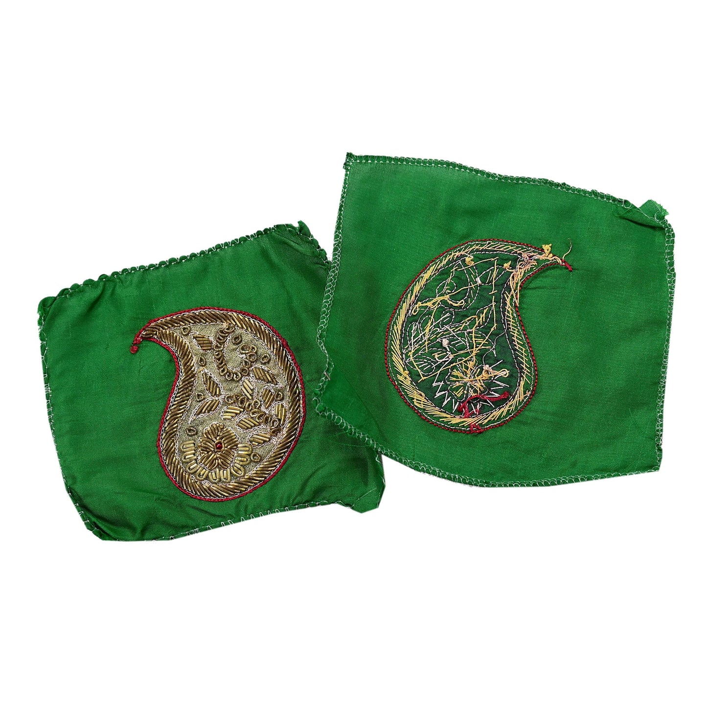 Vintage 5 Pcs Appliques Green Pure Silk Applique VERY OLD ANTIQUE Vintage Hand Embroidered Snippets Remnants Craft Journals India Rare