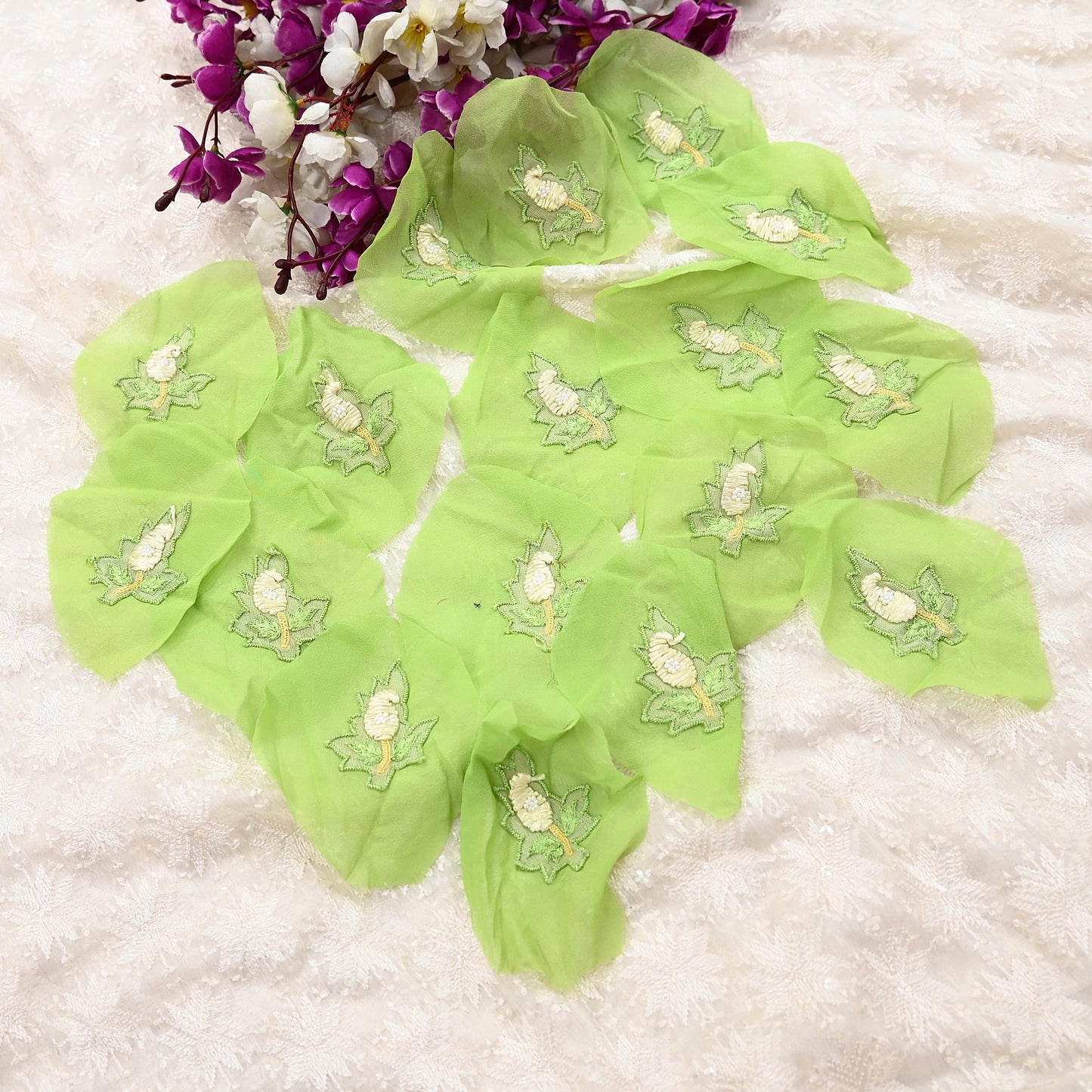 Indian Vintage Green pure Georgette Silk Rare Appliques - set of 15 Embroidered VERY OLD ANTIQUE Snippets Remnants Craft Journals