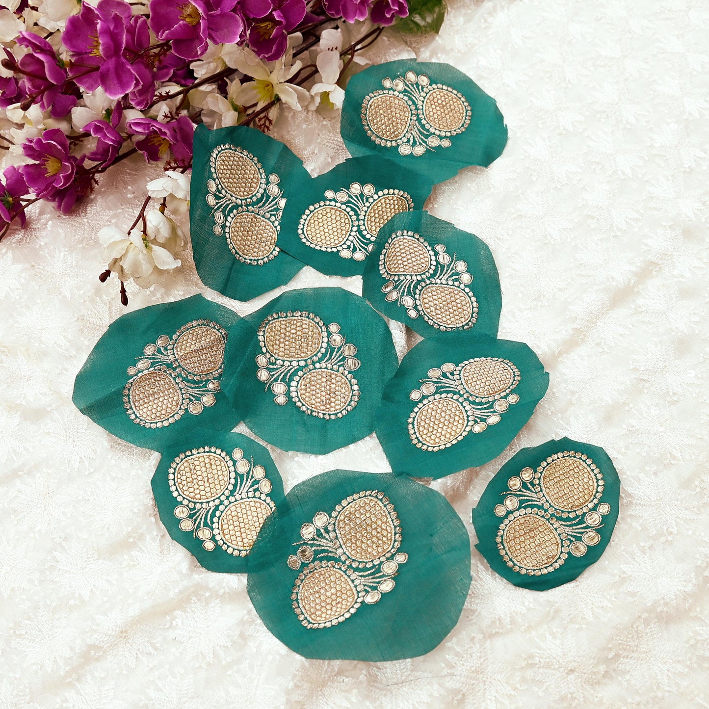 Vintage Green Pure Silk Hand Woven banarasi Rare Applique- set of 10 VERY OLD ANTIQUE  Snippets Remnants Craft Journals