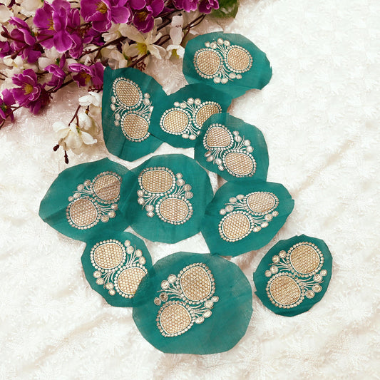 Vintage Green Pure Silk Hand Woven banarasi Rare Applique- set of 10 VERY OLD ANTIQUE  Snippets Remnants Craft Journals