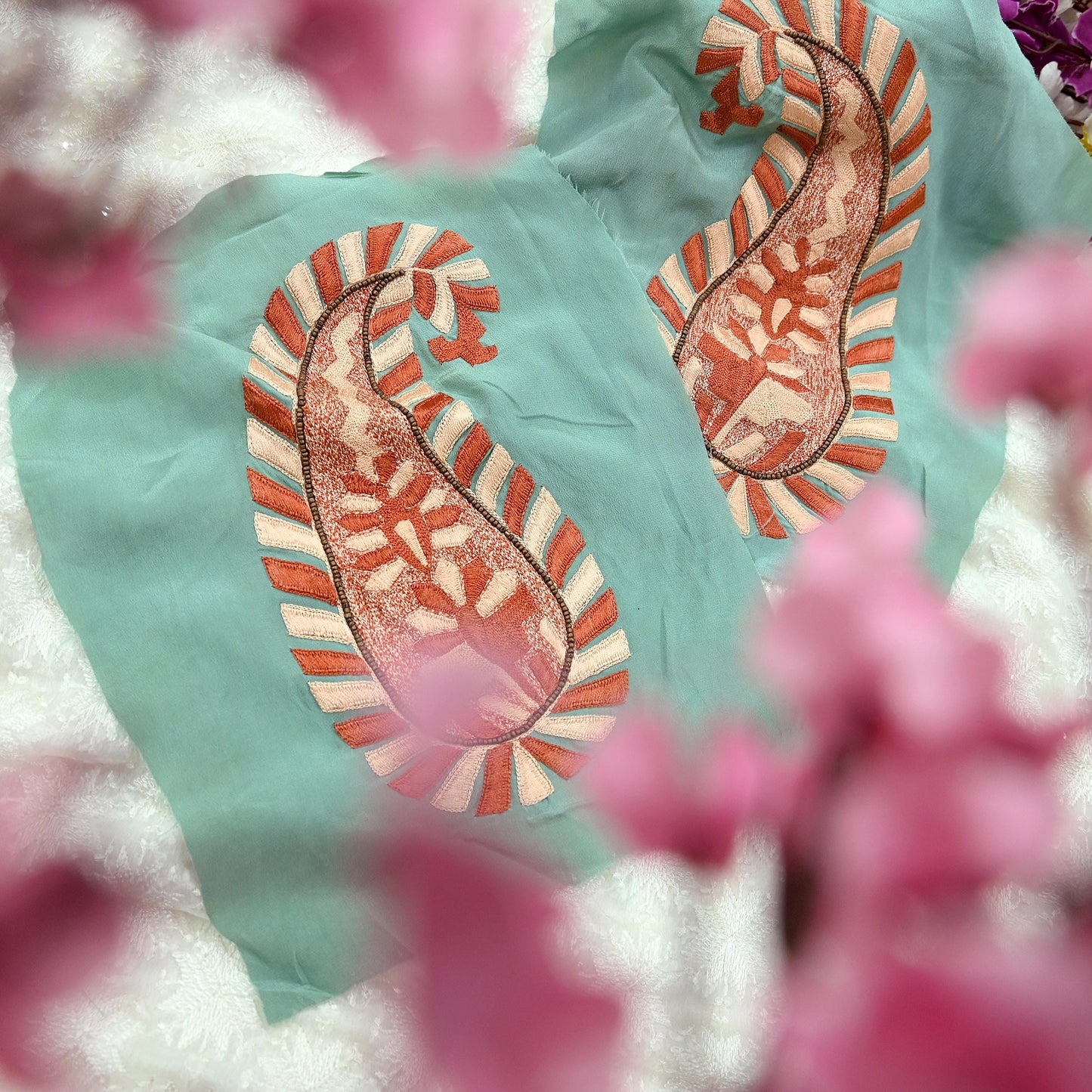 Indian Vintage 3 Pcs Rare Appliques Green Pure Crepe silk VERY OLD ANTIQUE Hand Embroidered Snippets Remnants Craft Journals