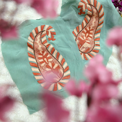 Indian Vintage 3 Pcs Rare Appliques Green Pure Crepe silk VERY OLD ANTIQUE Hand Embroidered Snippets Remnants Craft Journals