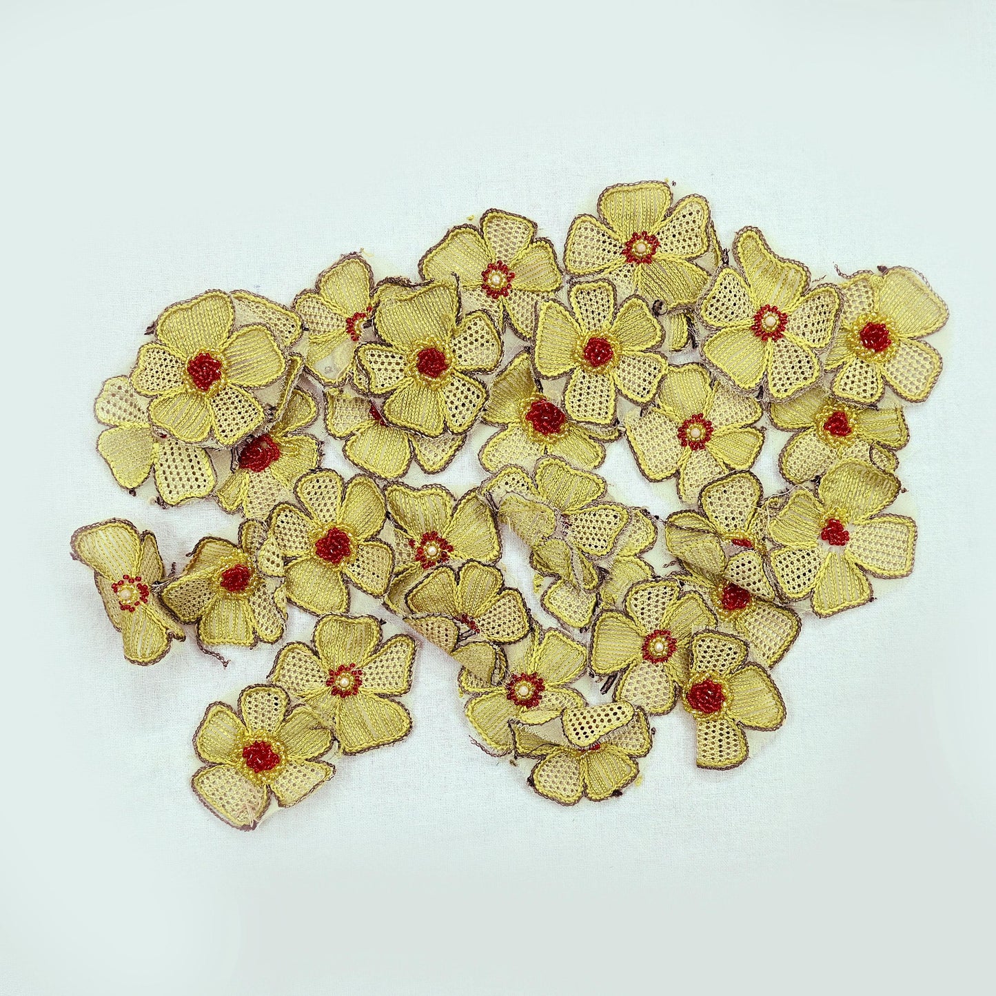 Indian Vintage Yellow pure Georgette Silk Rare Appliques - set of 10 Embroidered VERY OLD ANTIQUE Snippets Remnants Craft Journals