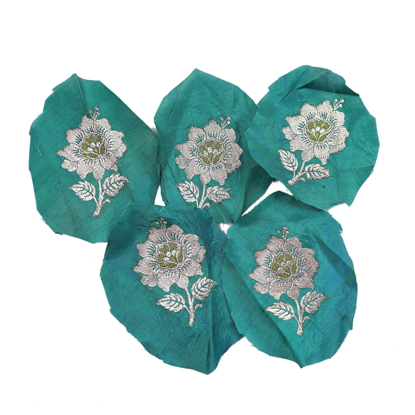 Vintage Green Pure Silk Hand Woven banarasi Rare Applique- set of 5 VERY OLD ANTIQUE  Snippets Remnants Craft Journals
