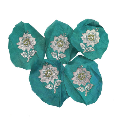 Vintage Green Pure Silk Hand Woven banarasi Rare Applique- set of 5 VERY OLD ANTIQUE  Snippets Remnants Craft Journals