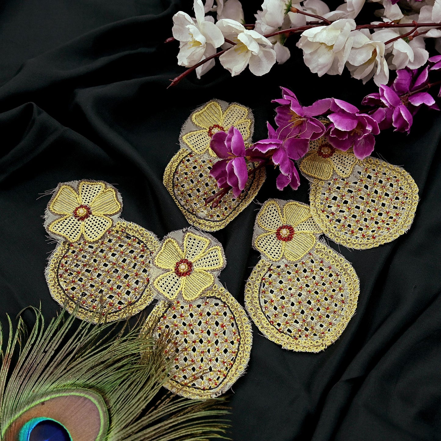 Indian Vintage Yellow Georgette Rare Appliques - set of 5 Embroidered VERY OLD ANTIQUE Snippets Remnants Craft Journals