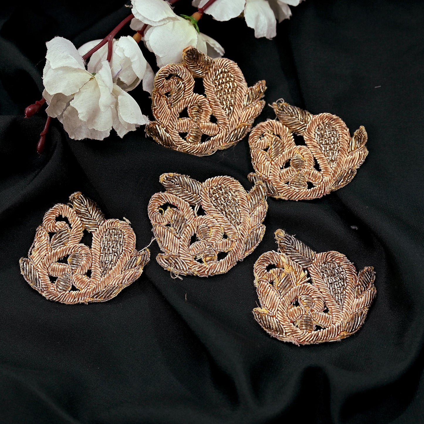 Indian Vintage Golden Cotton Appliques  Set of 5 | Hand-Embroidered Floral Patches with Zardozi, Dabka, for Craft, Journals