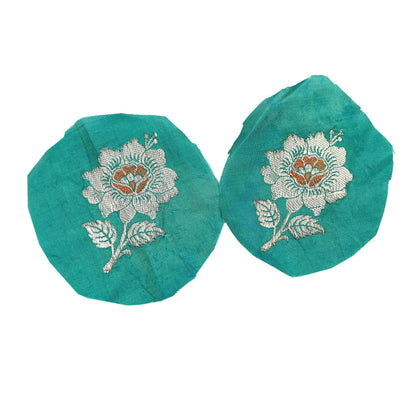 Vintage Green Pure Silk Hand Woven banarasi Rare Applique- set of 5 VERY OLD ANTIQUE  Snippets Remnants Craft Journals