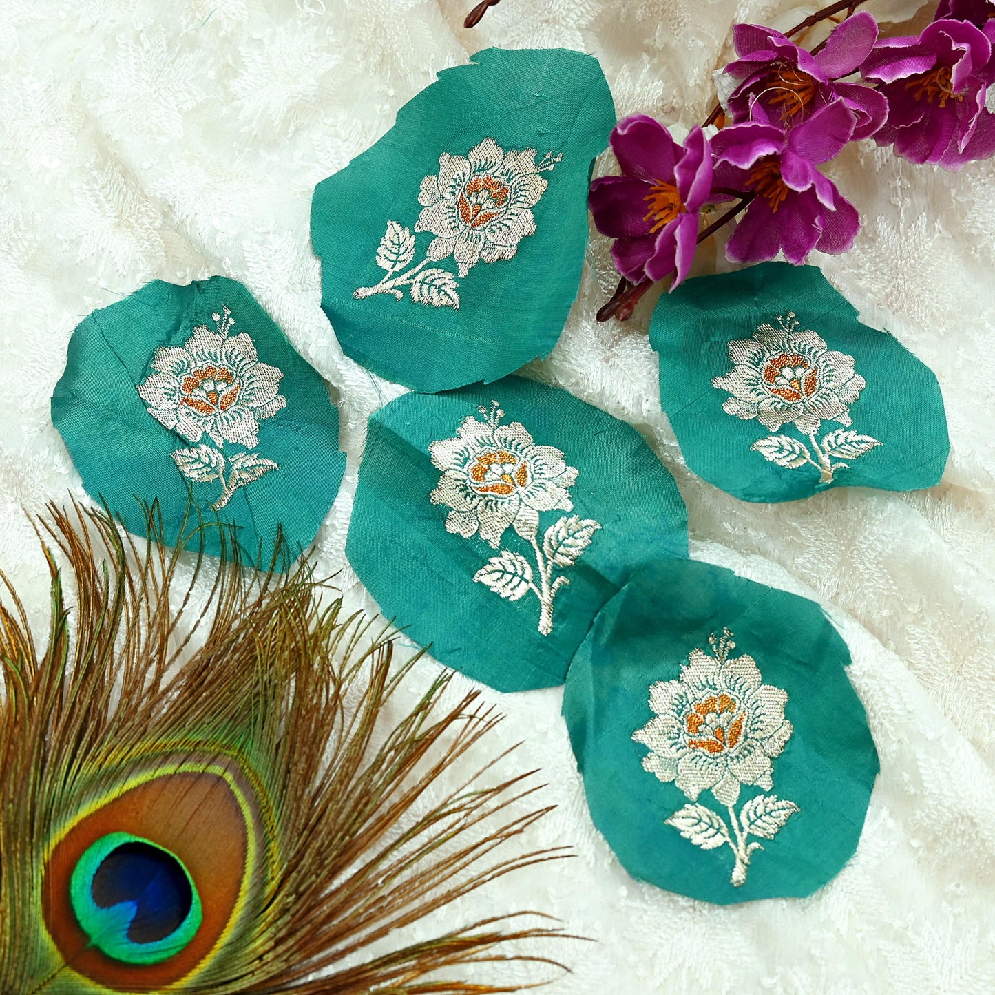 Vintage Green Pure Silk Hand Woven banarasi Rare Applique- set of 5 VERY OLD ANTIQUE  Snippets Remnants Craft Journals