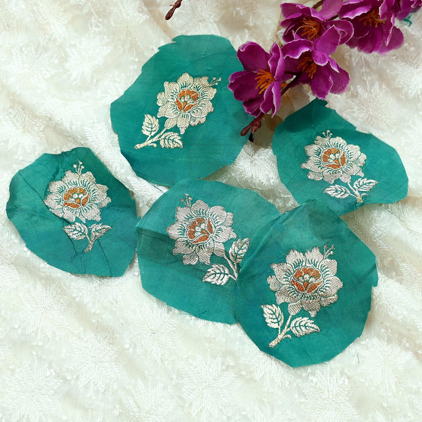 Vintage Green Pure Silk Hand Woven banarasi Rare Applique- set of 5 VERY OLD ANTIQUE  Snippets Remnants Craft Journals
