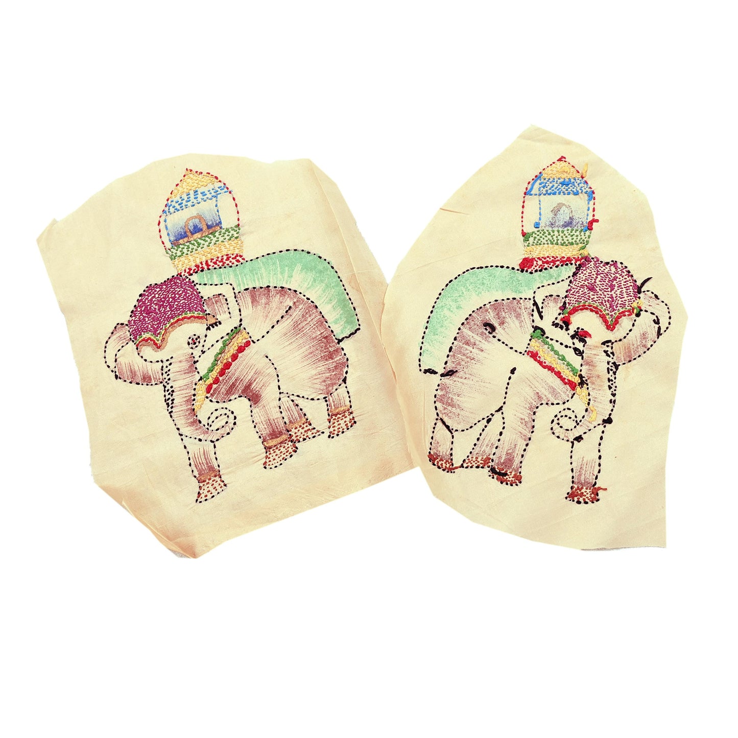 Vintage Beige Pure Silk Hand Embroidered Kantha Sari Rare Applique - set of 2 VERY OLD ANTIQUE Snippets Remnants Craft Journals Elephants