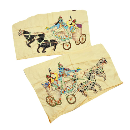 Vintage Beige Pure Silk Hand Embroidered Kantha Sari Rare Applique - set of 2 VERY OLD ANTIQUE Snippets Remnants Craft Journals horses