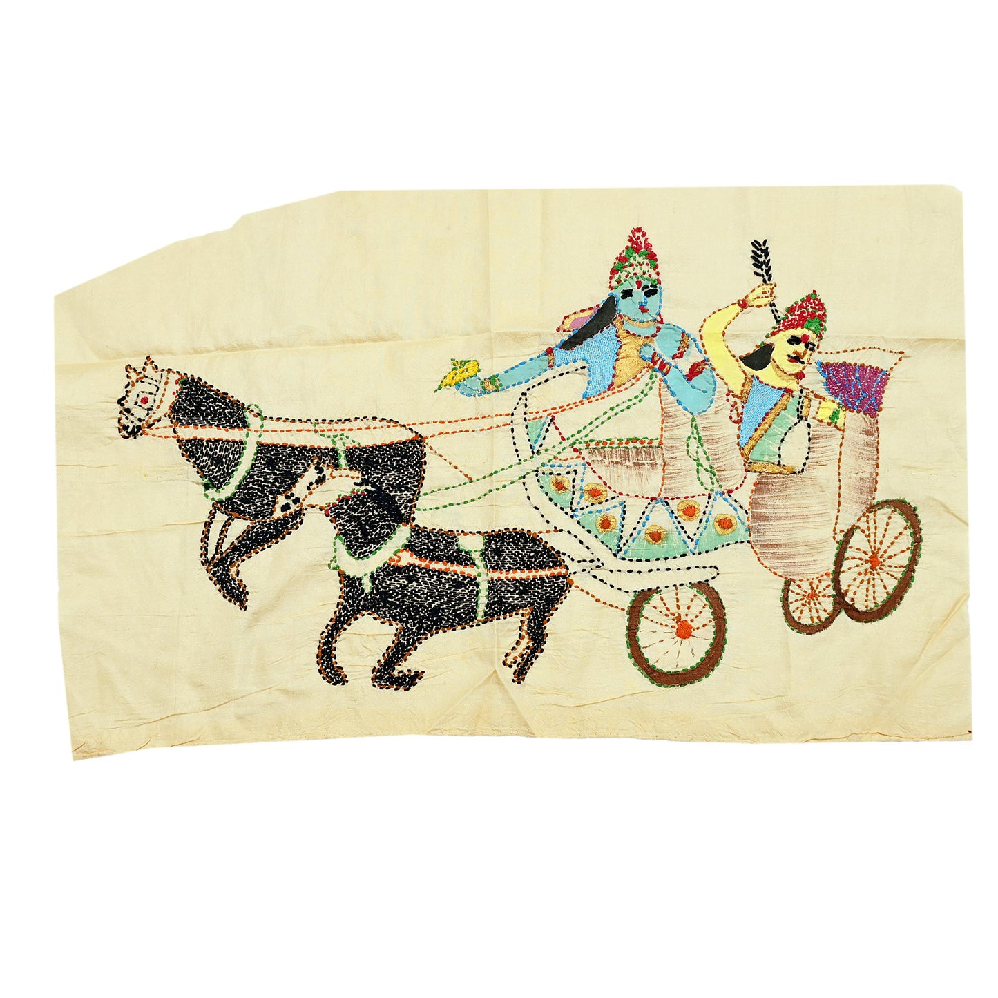 Vintage Beige Pure Silk Hand Embroidered Kantha Sari Rare Applique - set of 2 VERY OLD ANTIQUE Snippets Remnants Craft Journals horses