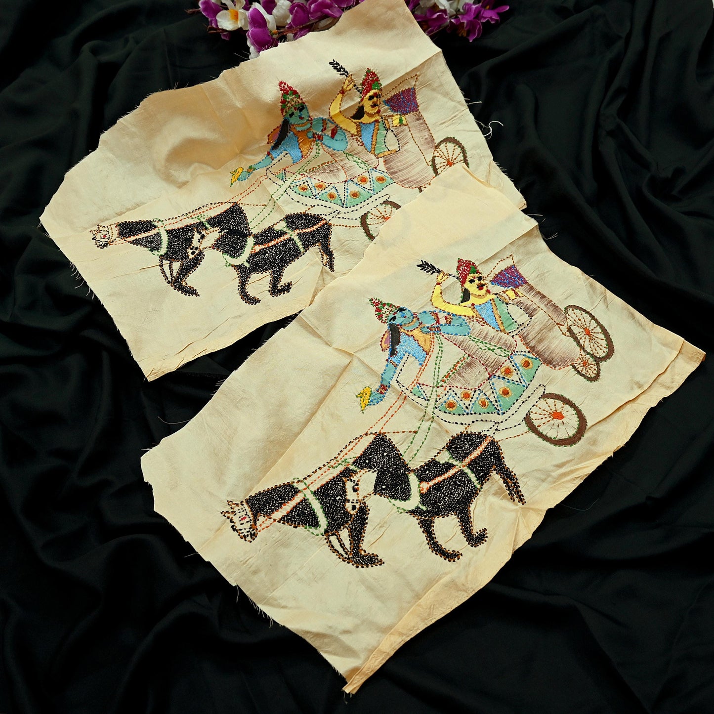 Vintage Beige Pure Silk Hand Embroidered Kantha Sari Rare Applique - set of 2 VERY OLD ANTIQUE Snippets Remnants Craft Journals horses