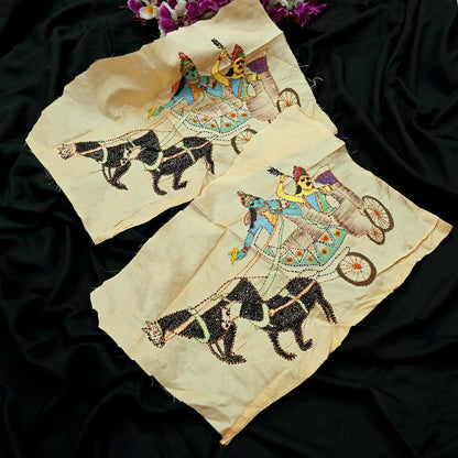 Vintage Beige Pure Silk Hand Embroidered Kantha Sari Rare Applique - set of 2 VERY OLD ANTIQUE Snippets Remnants Craft Journals horses