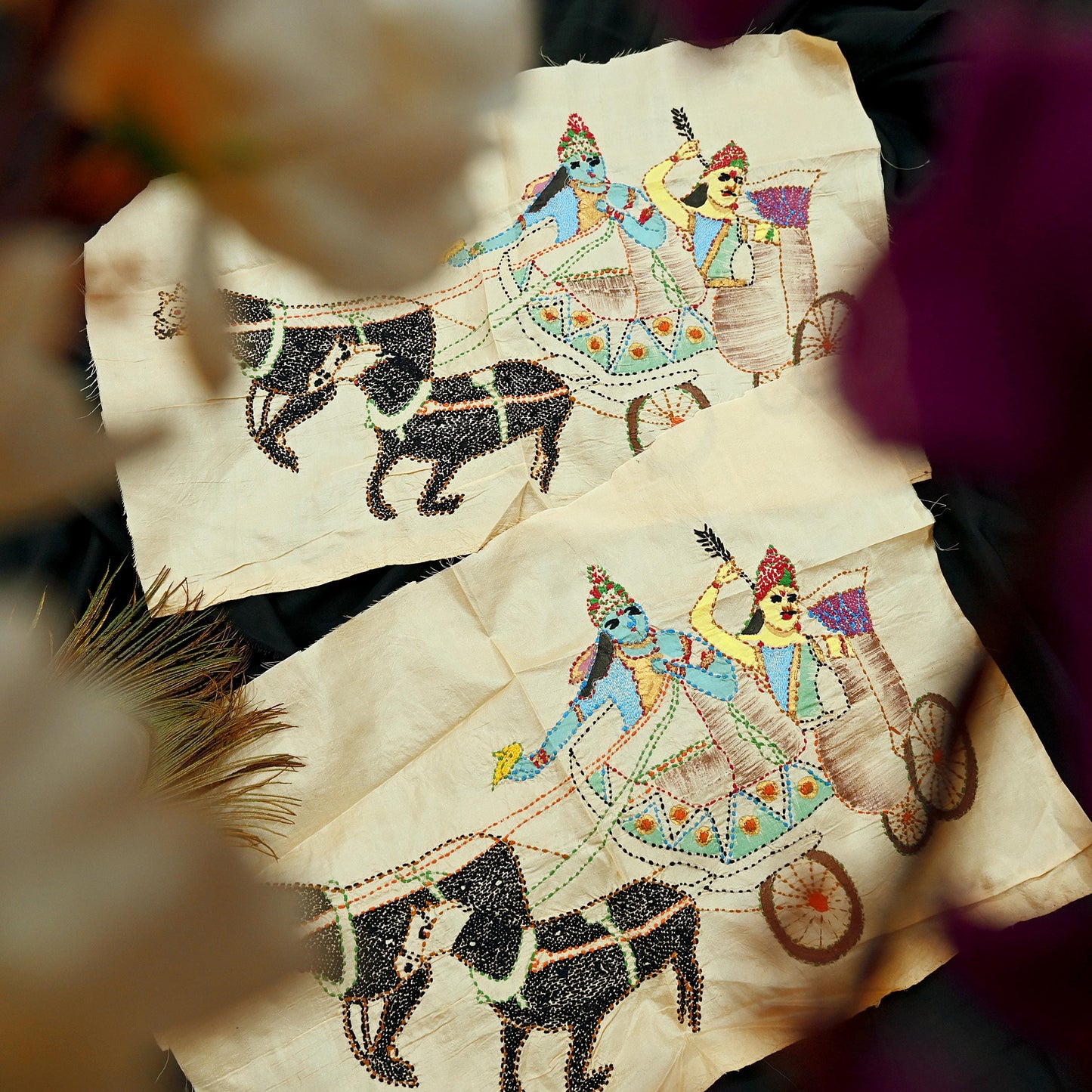 Vintage Beige Pure Silk Hand Embroidered Kantha Sari Rare Applique - set of 2 VERY OLD ANTIQUE Snippets Remnants Craft Journals horses