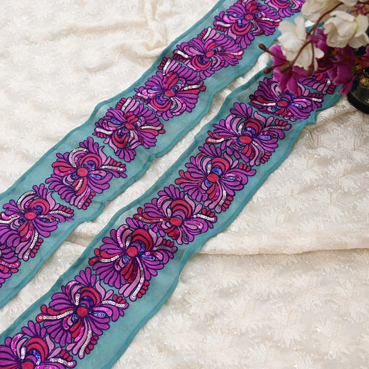 Indian Vintage Blue Border Hand Embroidered Craft Trim 1yd Lace Sewing Pure Georgette Silk Ribbon Recycled Sari Border Decor Gift Wrapped