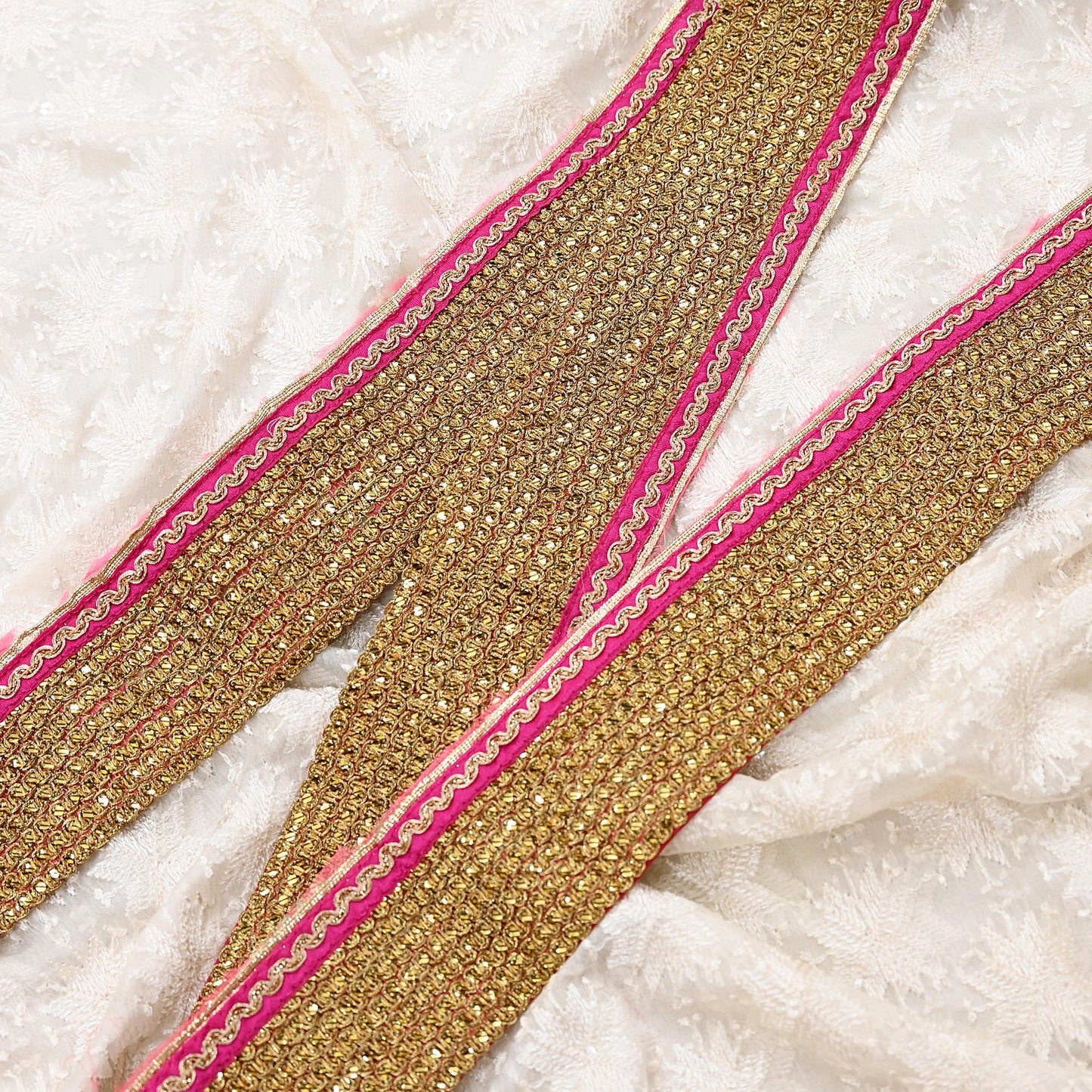 Indian Vintage Golden & Pink Saree Border Hand Embroidered 1yd Craft Trim Lace Sewing Sari Ribbon chanderi
