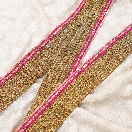 Indian Vintage Golden & Pink Saree Border Hand Embroidered 1yd Craft Trim Lace Sewing Sari Ribbon chanderi