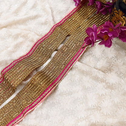 Indian Vintage Golden & Pink Saree Border Hand Embroidered 1yd Craft Trim Lace Sewing Sari Ribbon chanderi