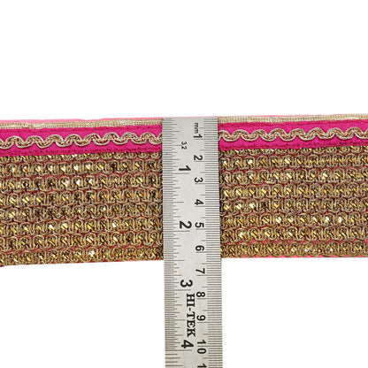 Indian Vintage Golden & Pink Saree Border Hand Embroidered 1yd Craft Trim Lace Sewing Sari Ribbon chanderi