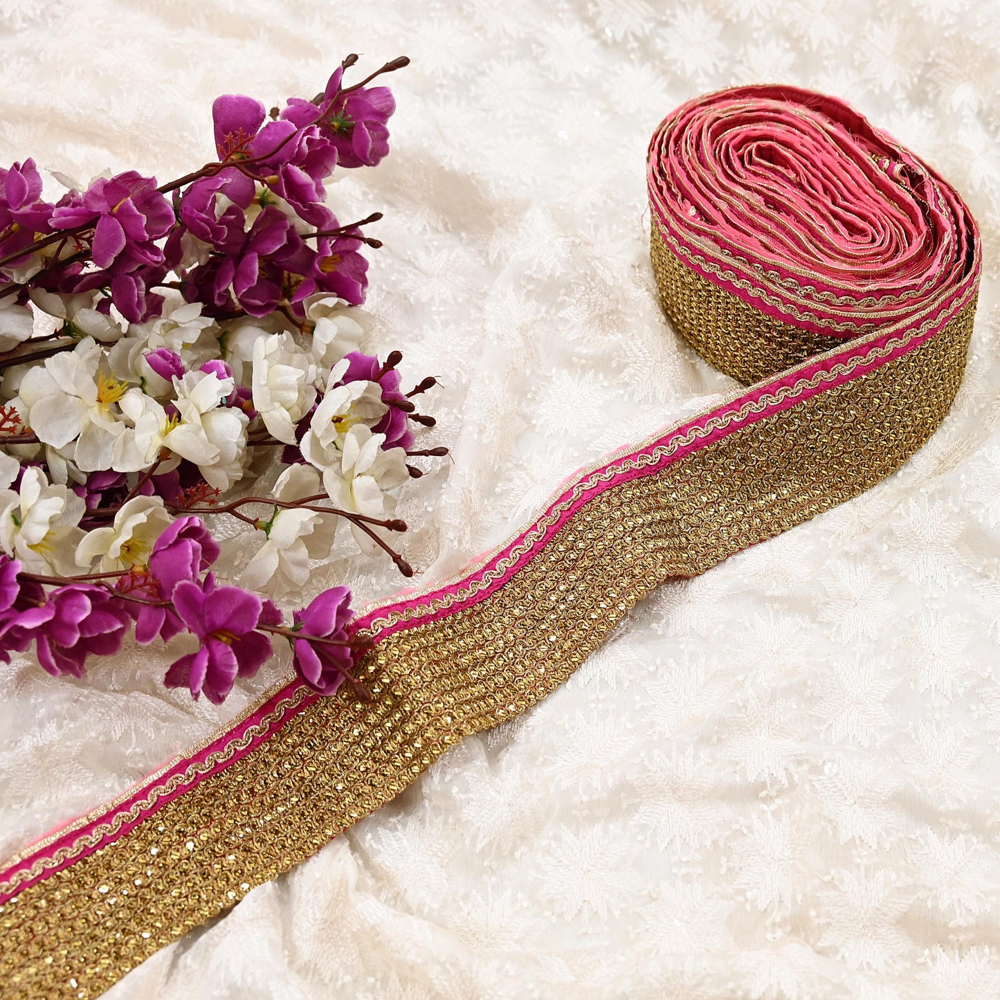 Indian Vintage Golden & Pink Saree Border Hand Embroidered 1yd Craft Trim Lace Sewing Sari Ribbon chanderi