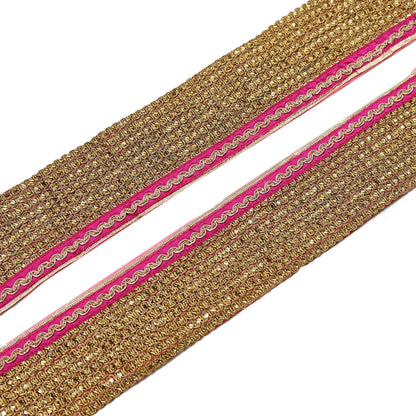 Indian Vintage Golden & Pink Saree Border Hand Embroidered 1yd Craft Trim Lace Sewing Sari Ribbon chanderi