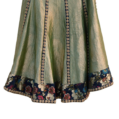 Indian Pre-owned Green Pure Tissue Silk Hand Embroidered Lehenga/Skirt Designer By Anamika Khanna Bridal Wear Zardozi/ Dabka Bollywood skirt