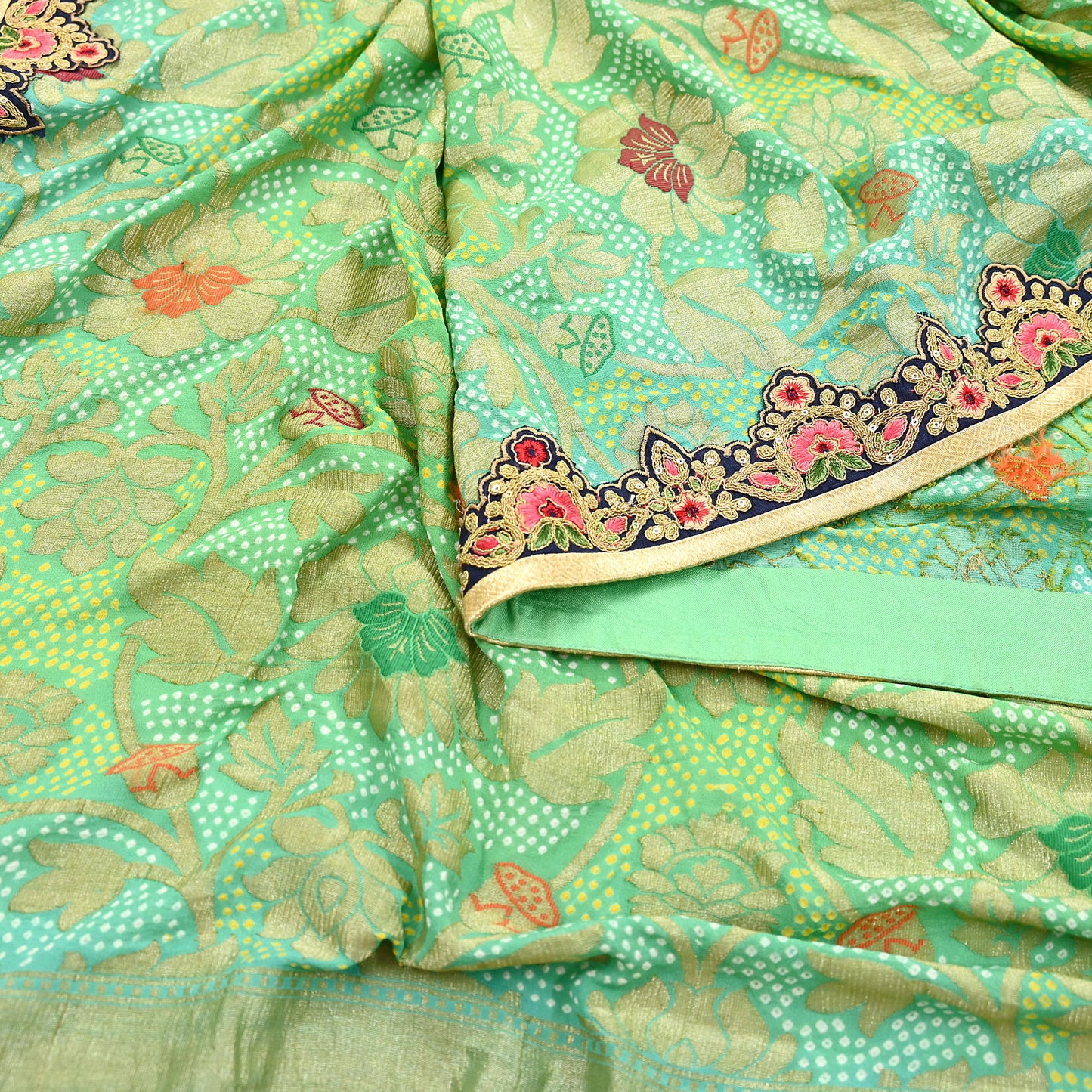 Indian Vintage Heavy Green Pure georgette silk Hand Embroidered Bandhani Dupatta Designer By Anamika Khanna Bridal Wear Veil Hijab