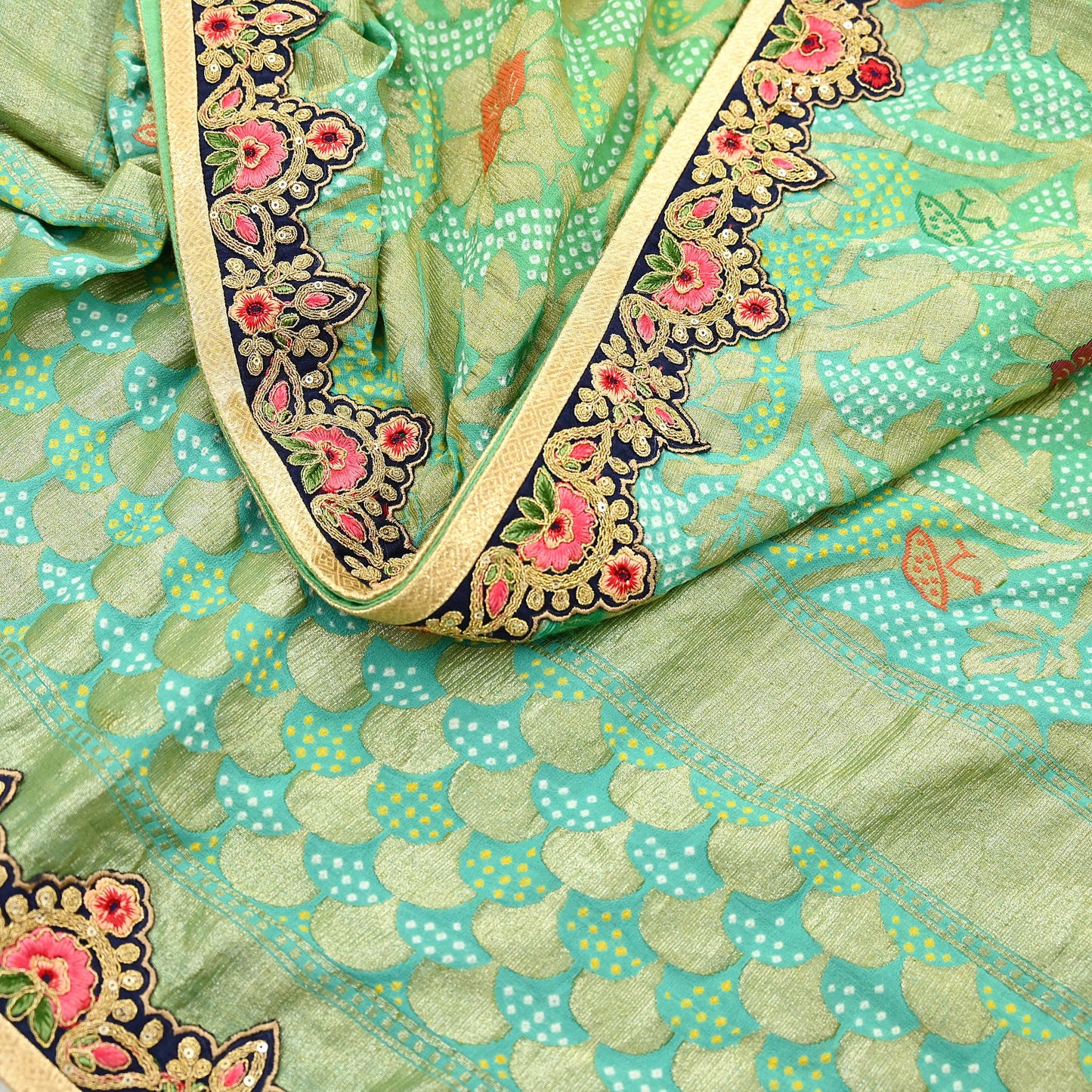 Indian Vintage Heavy Green Pure georgette silk Hand Embroidered Bandhani Dupatta Designer By Anamika Khanna Bridal Wear Veil Hijab